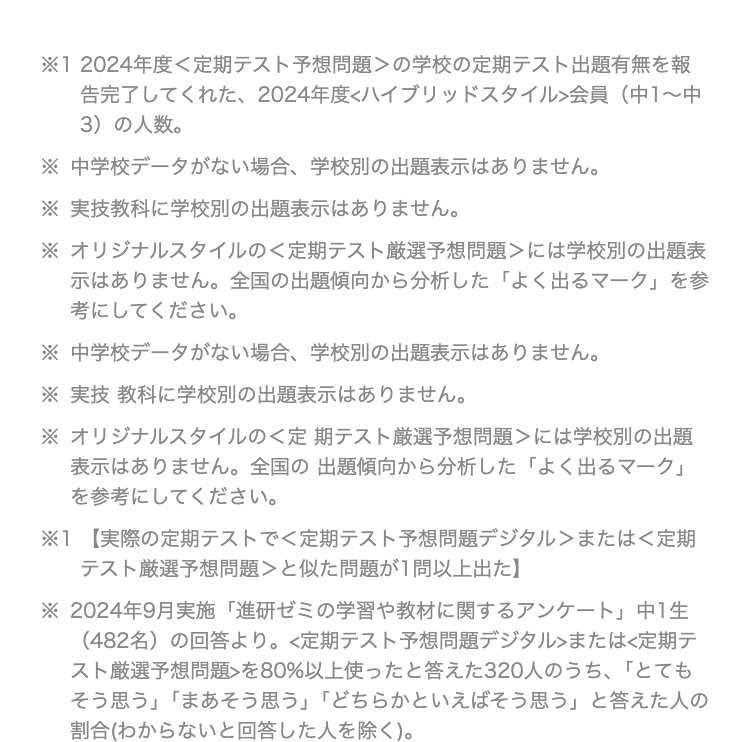 ※12024年度<定期テスト予想問題>の学校の定期テスト出題有無を報
告完了してくれた、 2024年度<ハイブリッドスタイル>会員 (中1~中
3)の人数。
※中学校データがない場合、 学校別の出題表示はありません。
※ 実技教科に学校別の出題表示はありません。
※ オリジナルスタイルの<定期テスト厳選予想問題>には学校別の出題表
示はありません。 全国の出題傾向から分析した 「よく出るマーク」を参
考にしてください。
※中学校データがない場合、 学校別の出題表示はありません。
※ 実技 教科に学校別の出題表示はありません。
※ オリジナルスタイルのく定期テスト厳選予想問題>には学校別の出題
表示はありません。 全国の出題傾向から分析した 「よく出るマーク」
を参考にしてください。
※1 【実際の定期テストでく定期テスト予想問題デジタル>または<定期
テスト厳選予想問題> と似た問題が1問以上出た】
※ 2024年9月実施 「進研ゼミの学習や教材に関するアンケート」 中1生
(482名)の回答より。 <定期テスト予想問題デジタル>または<定期テ
スト厳選予想問題>を80%以上使ったと答えた320人のうち、「とても
そう思う」「まあそう思う」 「どちらかといえばそう思う」と答えた人の
割合(わからないと回答した人を除く)。