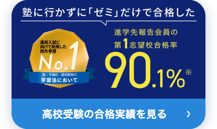 塾に行かずに「ゼミ」だけで合格した
進学先報告会員の
高校入試に
向けて利用した
校外学習
第1志望校合格率
No.1
塾・予備校・通信教育の
学習法において
90.1%
高校受験の合格実績を見る
>